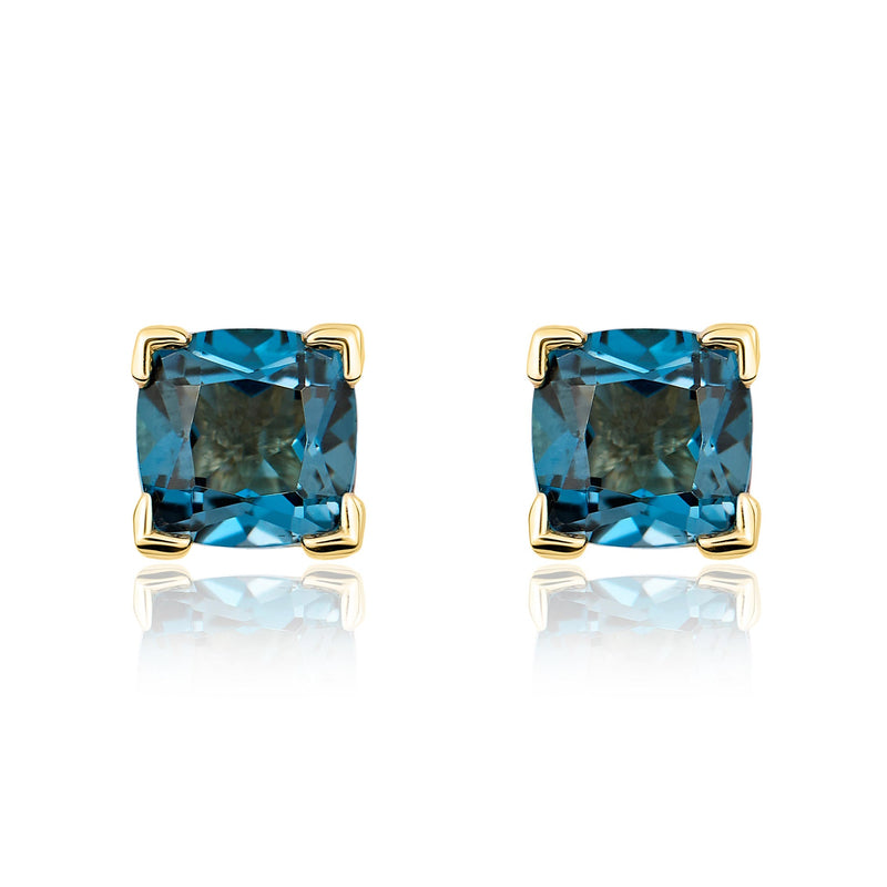 9ct Yellow Gold Cushion Natural London Blue Topaz Claw Stud Earrings — 6mm