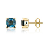 9ct Yellow Gold Cushion Natural London Blue Topaz Claw Stud Earrings — 6mm
