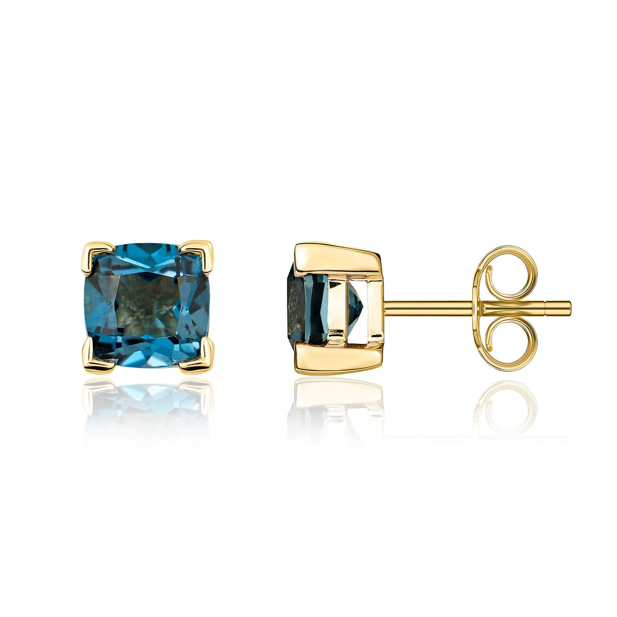 9ct Yellow Gold Cushion Natural London Blue Topaz Claw Stud Earrings — 6mm