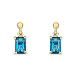 9ct Yellow Gold Octagonal Emerald Cut Natural London Blue Topaz Claw Drop Earrings — 6x4mm