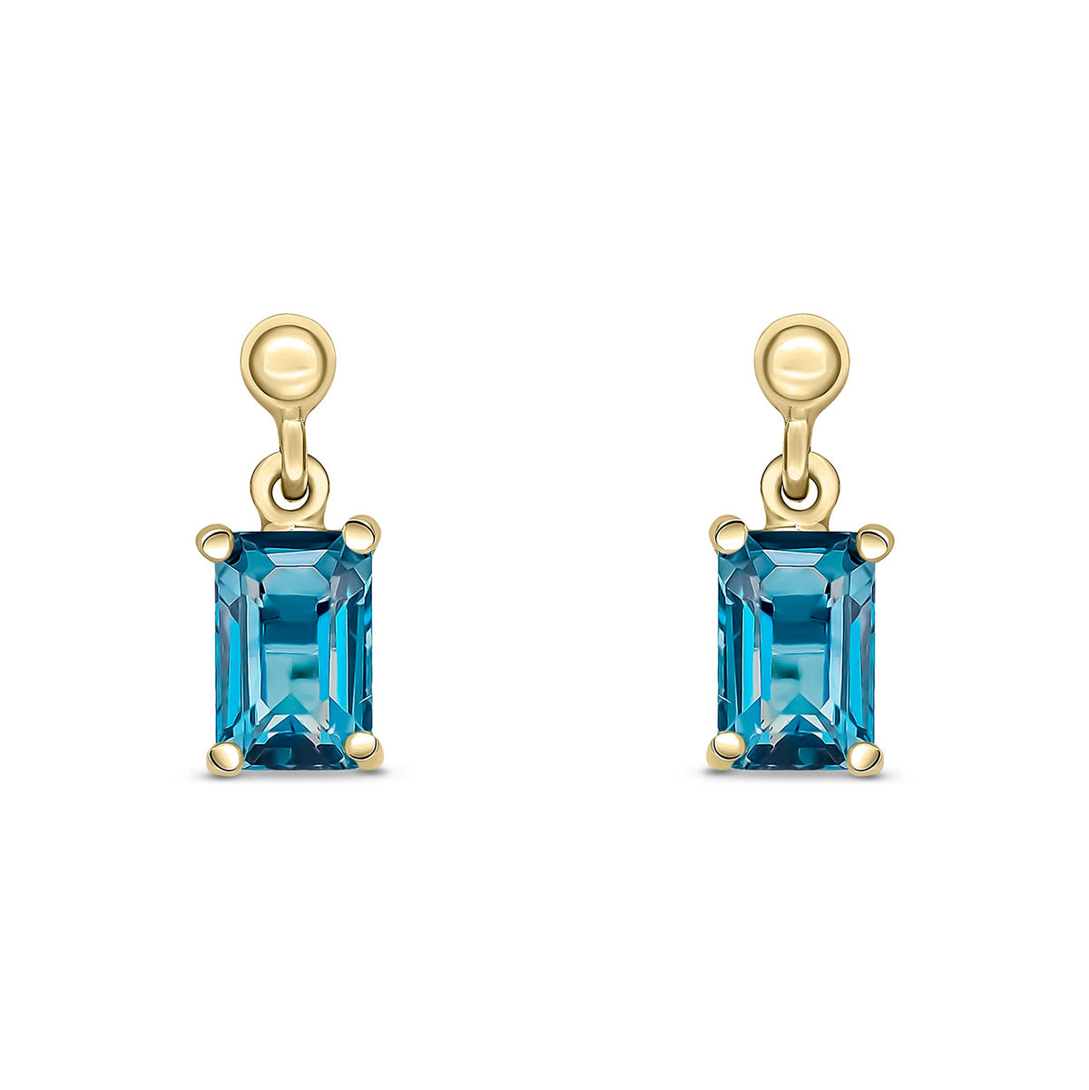 9ct Yellow Gold Octagonal Emerald Cut Natural London Blue Topaz Claw Drop Earrings — 6x4mm