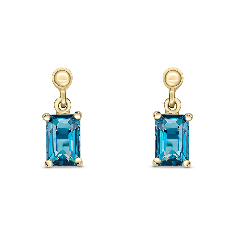 9ct Yellow Gold Octagonal Emerald Cut Natural London Blue Topaz Claw Drop Earrings — 6x4mm
