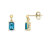 9ct Yellow Gold Octagonal Emerald Cut Natural London Blue Topaz Claw Drop Earrings — 6x4mm