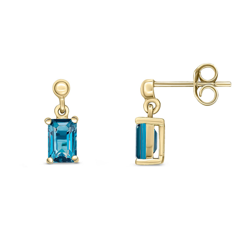 9ct Yellow Gold Octagonal Emerald Cut Natural London Blue Topaz Claw Drop Earrings — 6x4mm