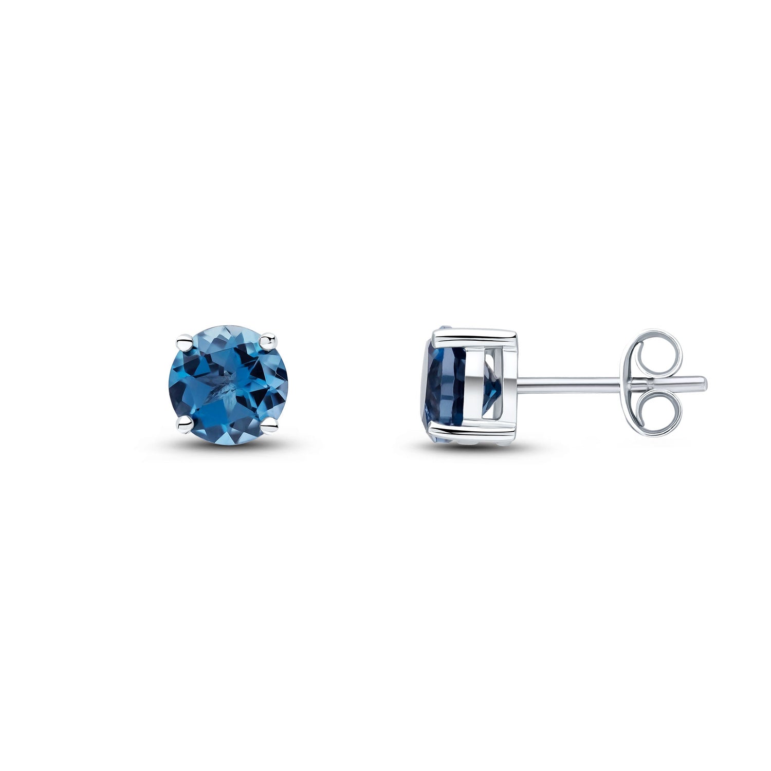 9ct White Gold Round Natural London Blue Topaz Claw Stud Earrings — 6mm