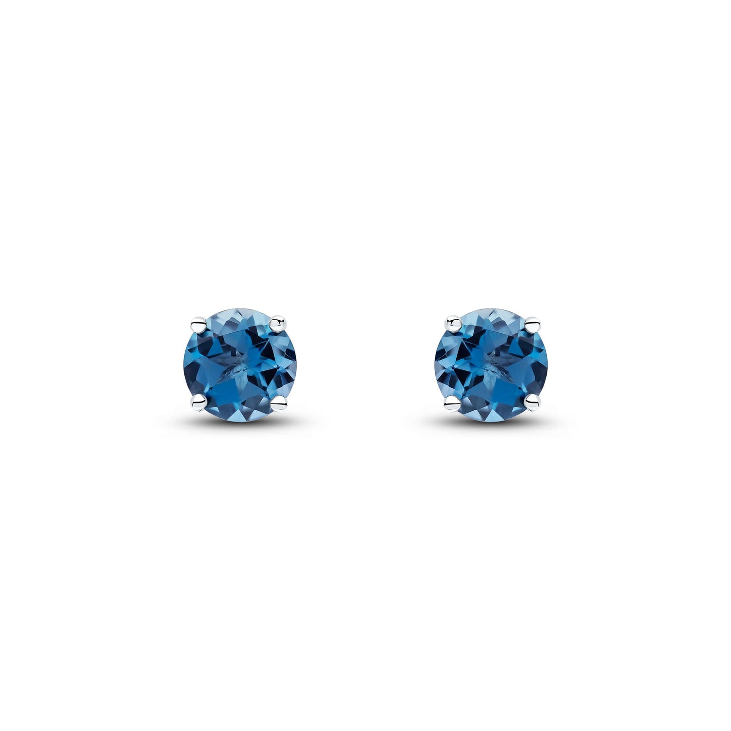 9ct White Gold Round Natural London Blue Topaz Claw Stud Earrings — 6mm