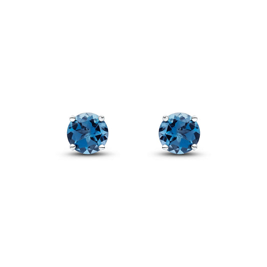 9ct White Gold Round London Blue Topaz Claw Stud Earrings — 6mm