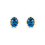 9ct Yellow Gold Oval Natural London Blue Topaz Rubover Stud Earrings — 8x6mm