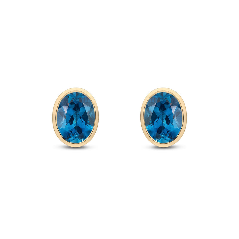 9ct Yellow Gold Oval Natural London Blue Topaz Rubover Stud Earrings — 8x6mm