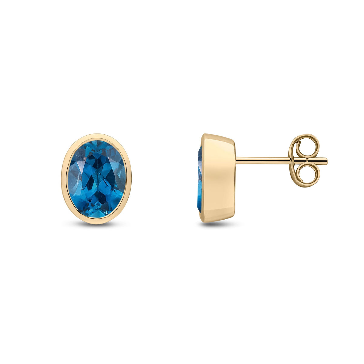 9ct Yellow Gold Oval Natural London Blue Topaz Rubover Stud Earrings — 8x6mm