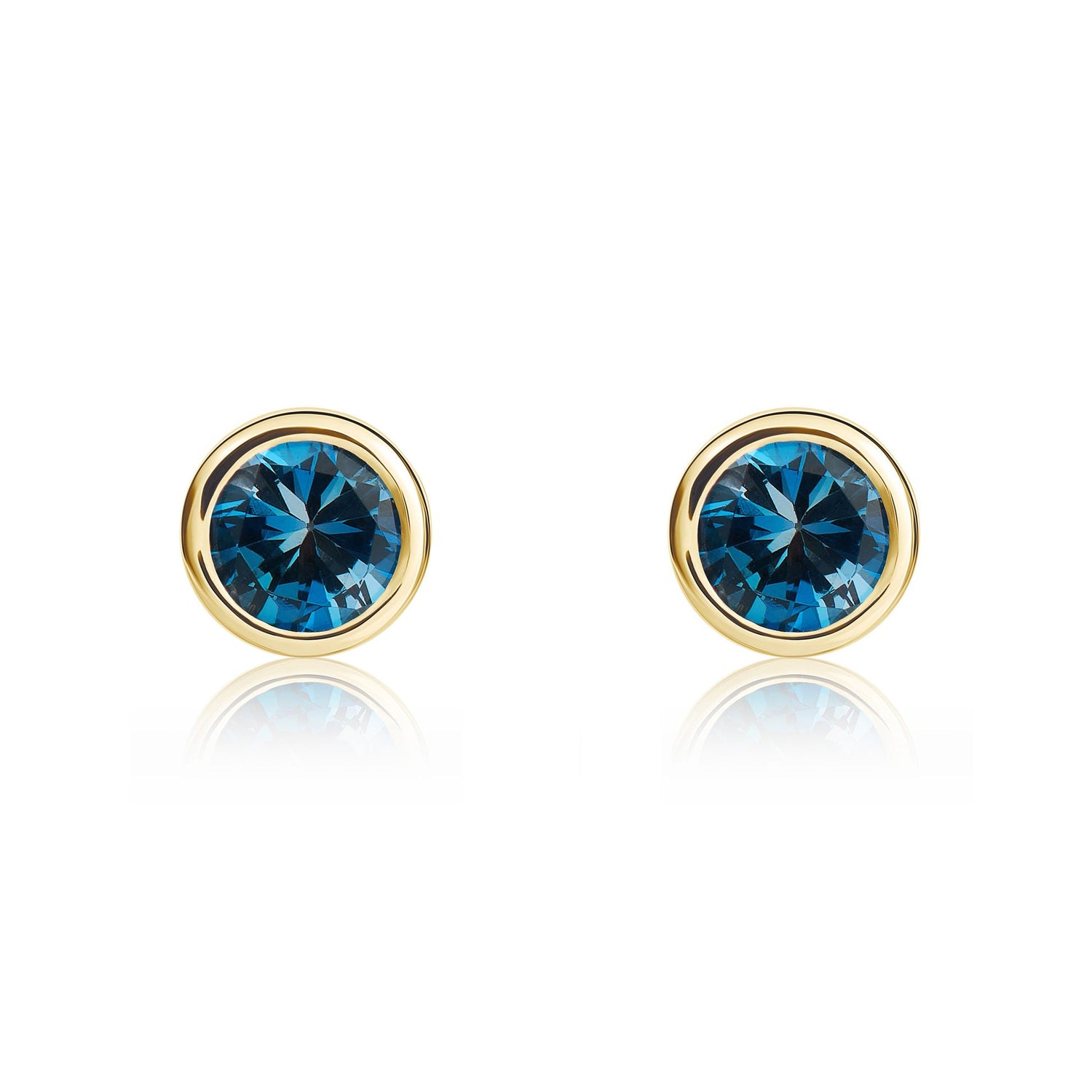 9ct Yellow Gold Round Natural London Blue Topaz Rubover Stud Earrings — 4mm