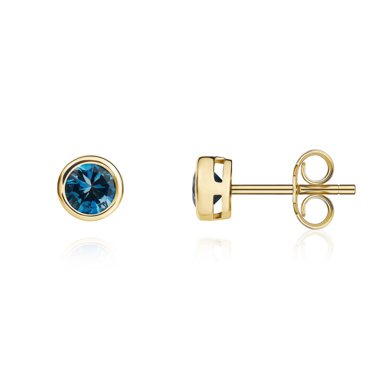 9ct Yellow Gold Round Natural London Blue Topaz Rubover Stud Earrings — 4mm