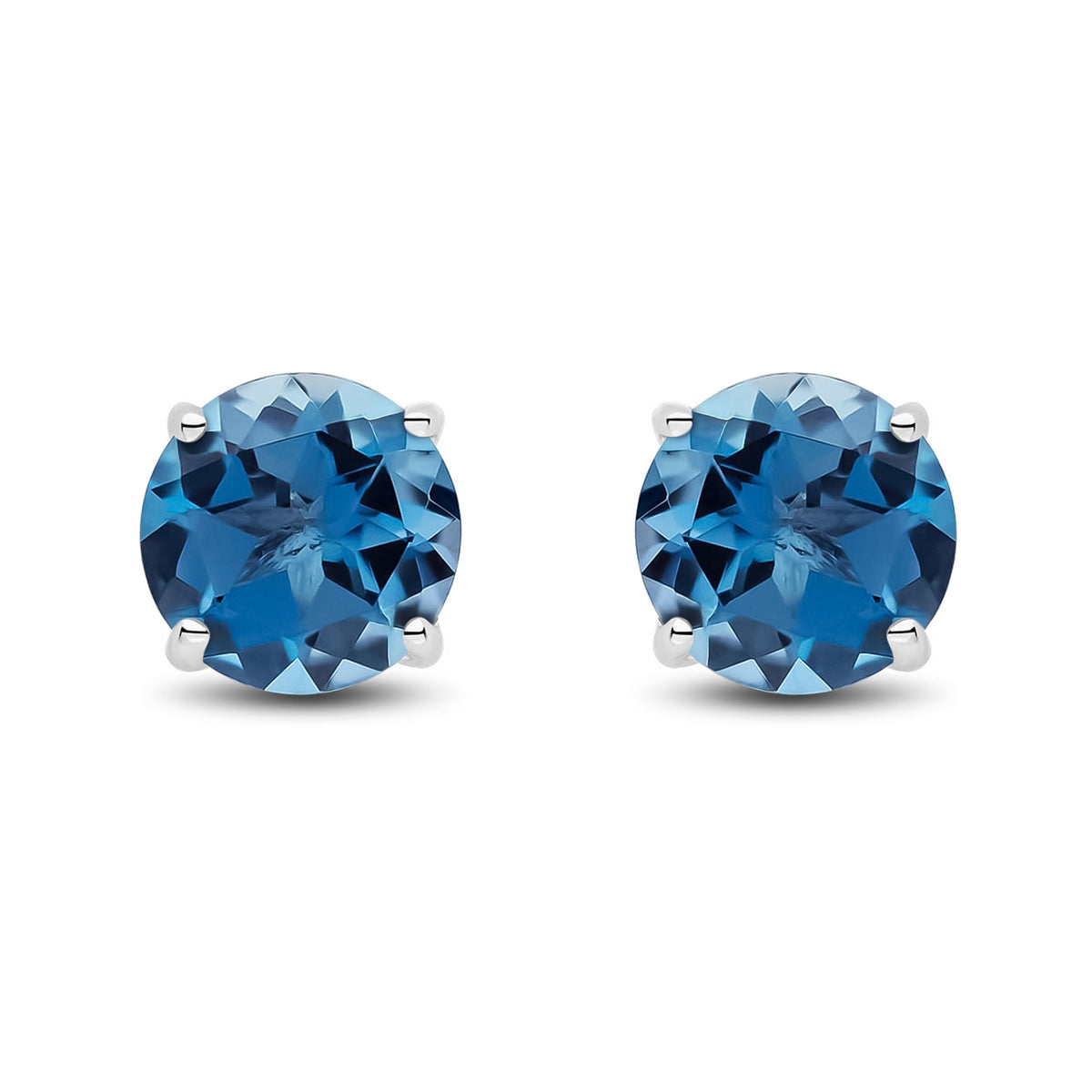 9ct White Gold Round Natural London Blue Topaz Claw Stud Earrings — 7mm