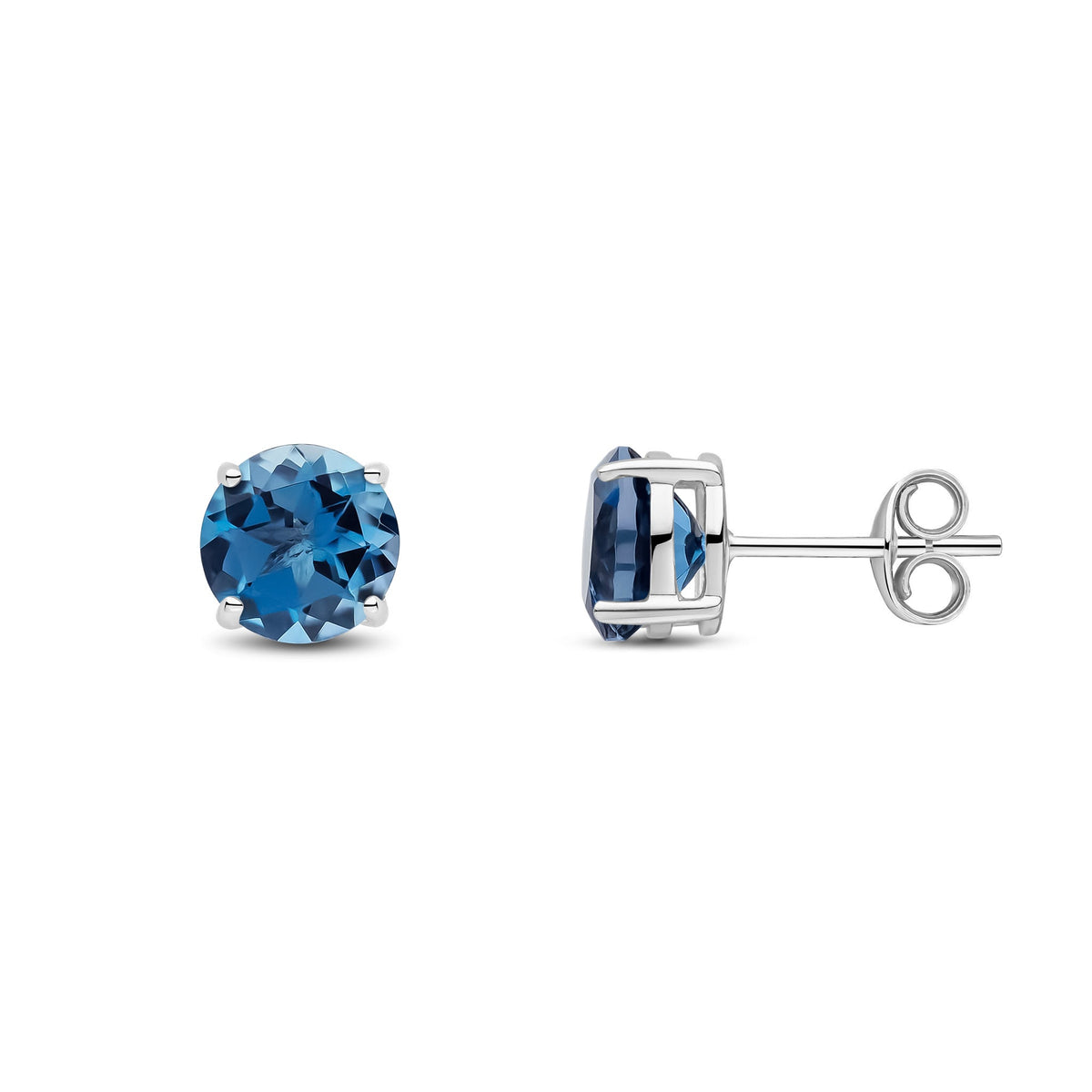 9ct White Gold Round Natural London Blue Topaz Claw Stud Earrings — 7mm