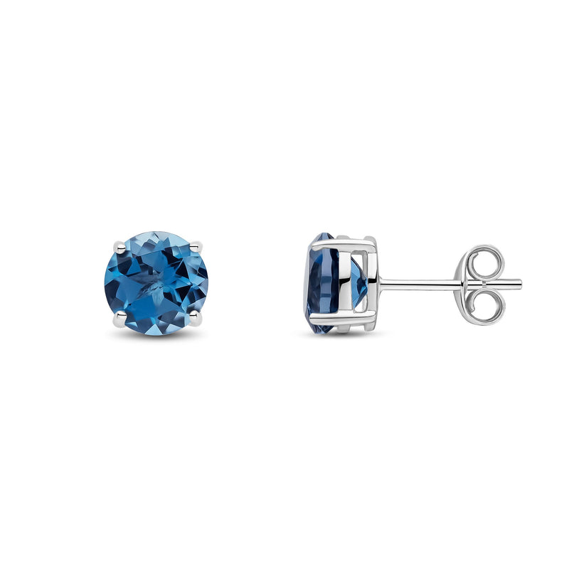 9ct White Gold Round Natural London Blue Topaz Claw Stud Earrings — 7mm