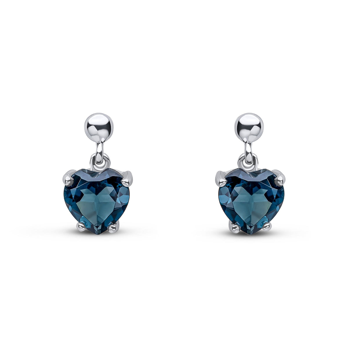 9ct White Gold Heart Shaped Natural London Blue Topaz Claw Drop Earrings with Bead Top — 6mm