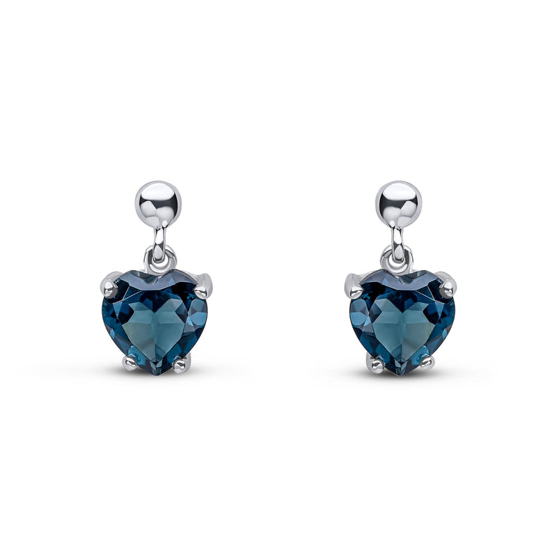 9ct White Gold Heart Shaped Natural London Blue Topaz Claw Drop Earrings with Bead Top — 6mm