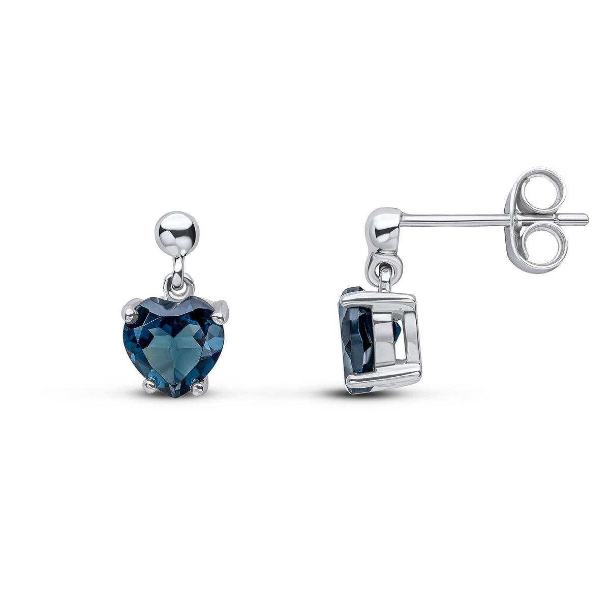 9ct White Gold Heart Shaped Natural London Blue Topaz Claw Drop Earrings with Bead Top — 6mm