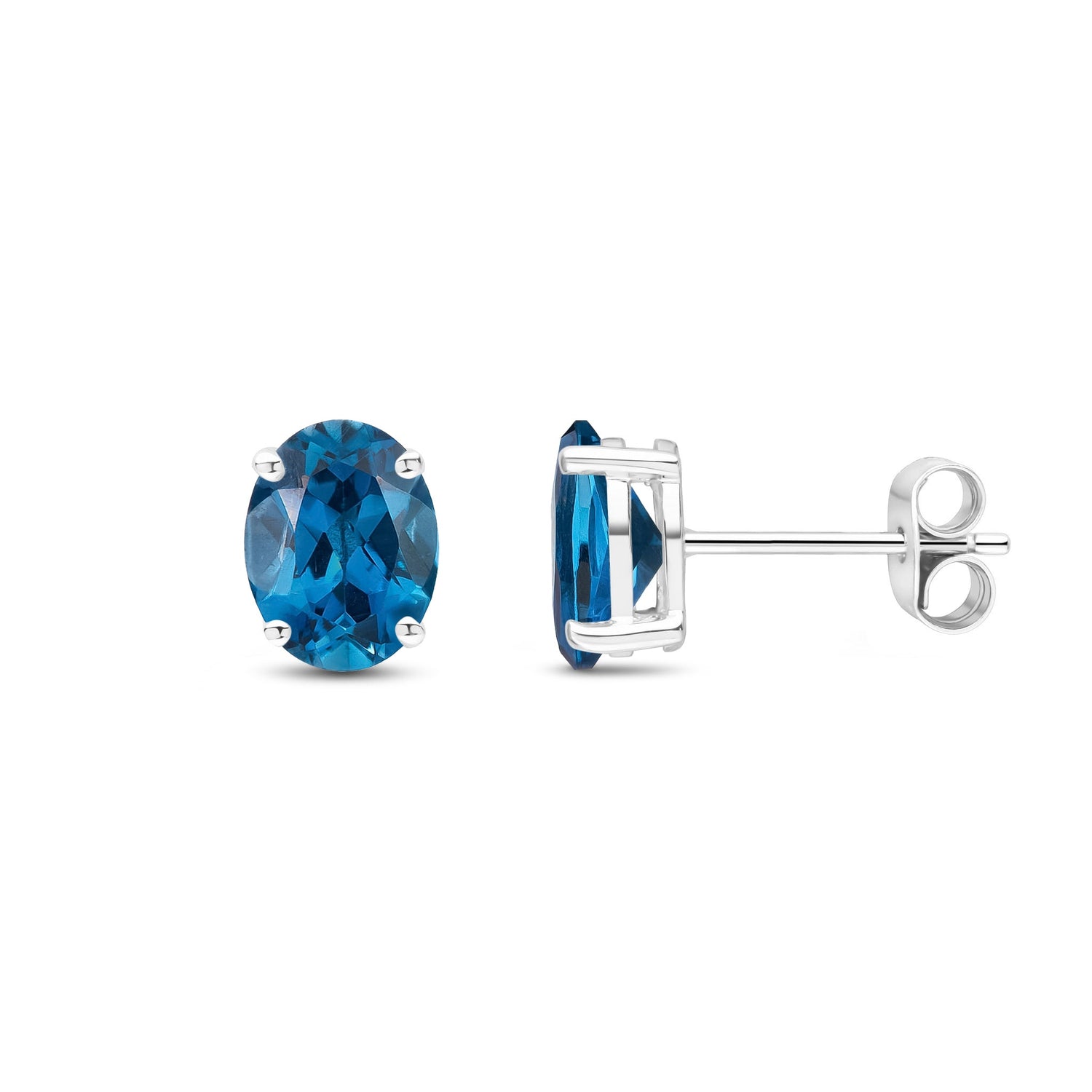 9ct White Gold Oval Natural London Blue Topaz Claw Set Stud Earrings — 8x6mm