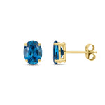 9ct Yellow Gold Oval Natural London Blue Topaz Claw Stud Earrings — 8x6mm