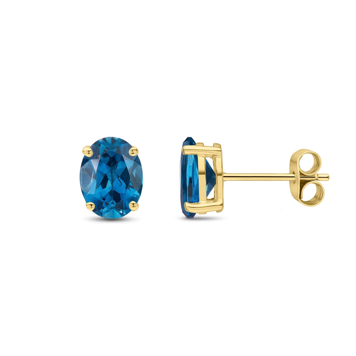 9ct Yellow Gold Oval Natural London Blue Topaz Claw Stud Earrings — 8x6mm
