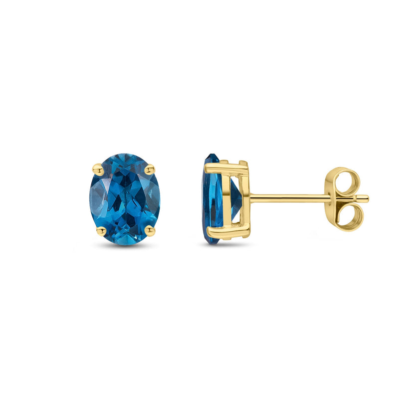 9ct Yellow Gold Oval Natural London Blue Topaz Claw Stud Earrings — 8x6mm