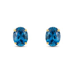 9ct Yellow Gold Oval Natural London Blue Topaz Claw Stud Earrings — 8x6mm