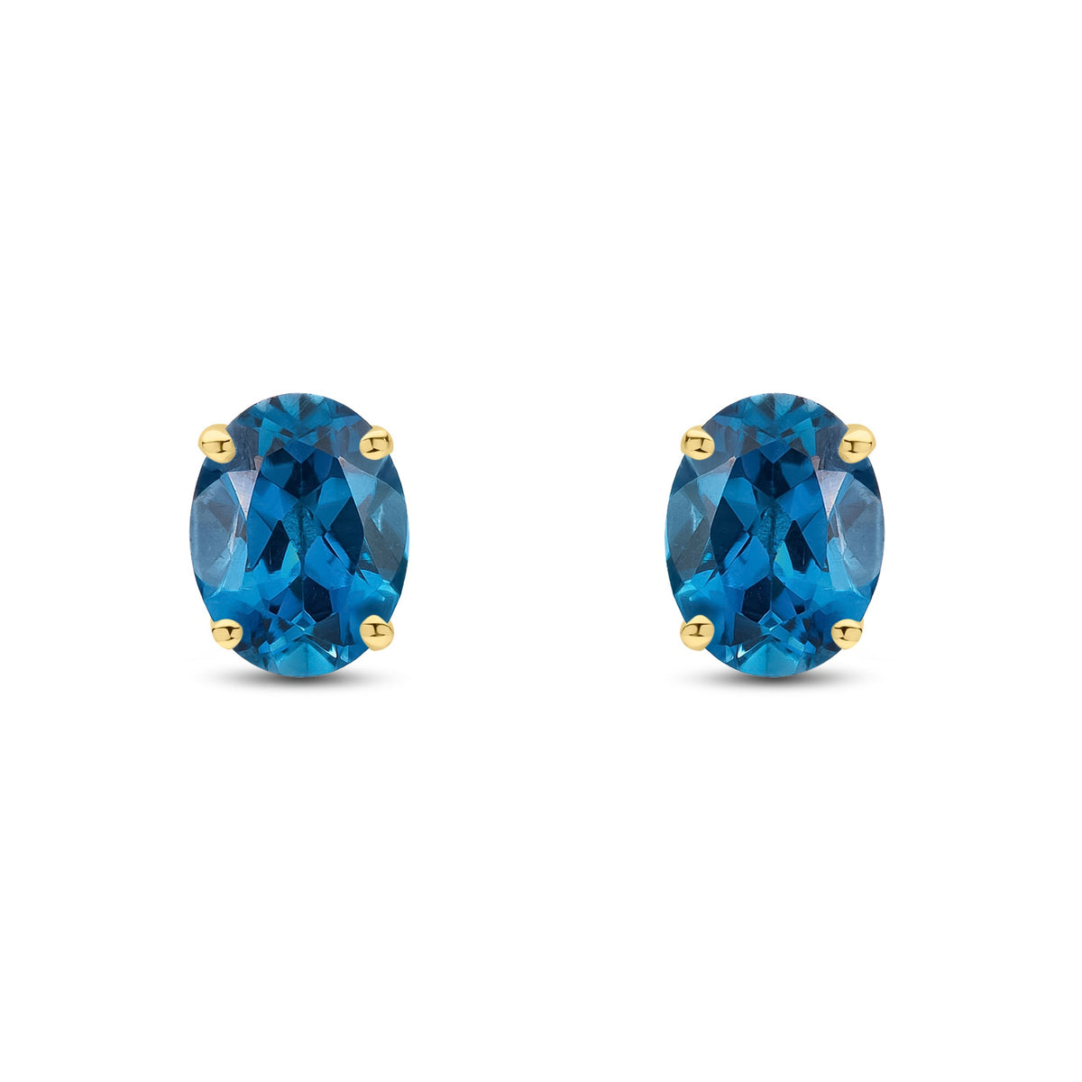 9ct Yellow Gold Oval Natural London Blue Topaz Claw Stud Earrings — 8x6mm