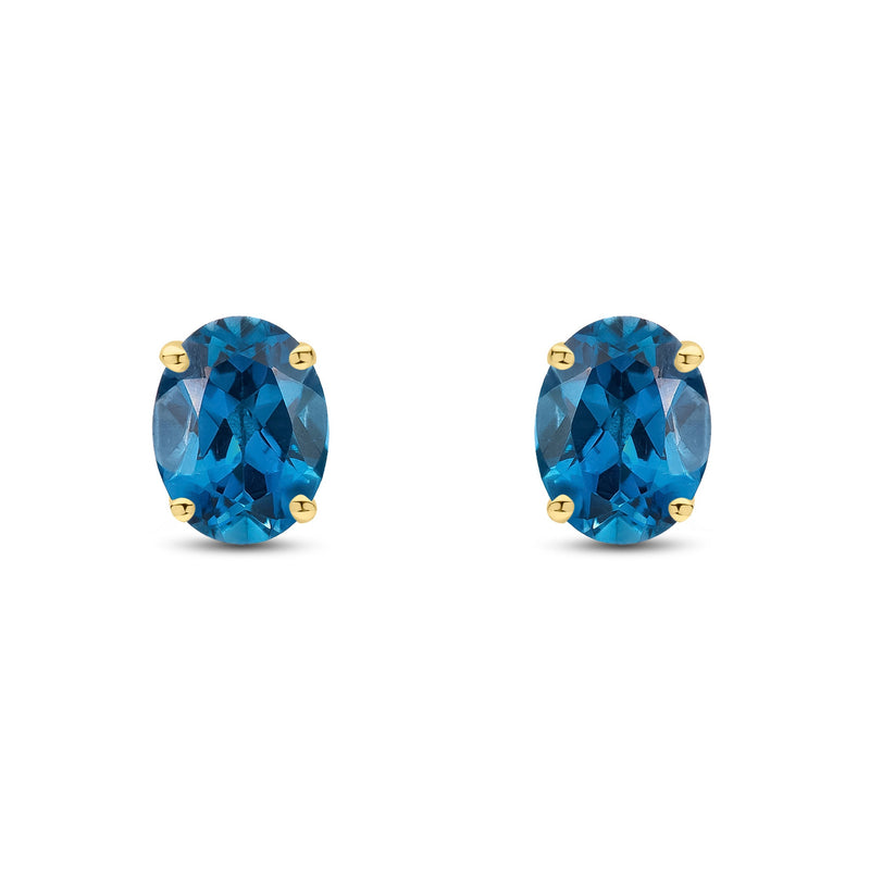 9ct Yellow Gold Oval Natural London Blue Topaz Claw Stud Earrings — 8x6mm