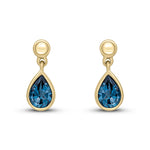 9ct Yellow Gold Pear Shaped Natural London Blue Topaz Rubover Drop Earrings with Bead Top — 6x4mm