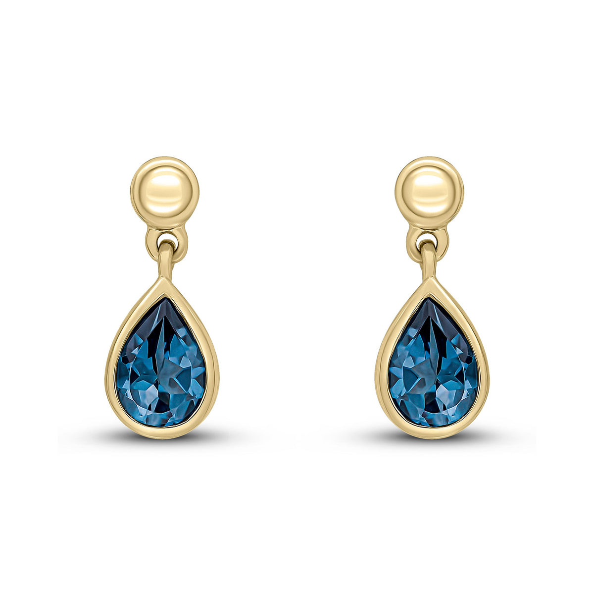 9ct Yellow Gold Pear Shaped Natural London Blue Topaz Rubover Drop Earrings with Bead Top — 6x4mm