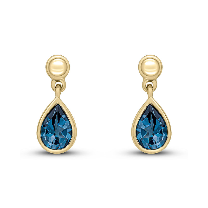 9ct Yellow Gold Pear Shaped Natural London Blue Topaz Rubover Drop Earrings with Bead Top — 6x4mm