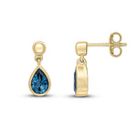 9ct Yellow Gold Pear Shaped Natural London Blue Topaz Rubover Drop Earrings with Bead Top — 6x4mm