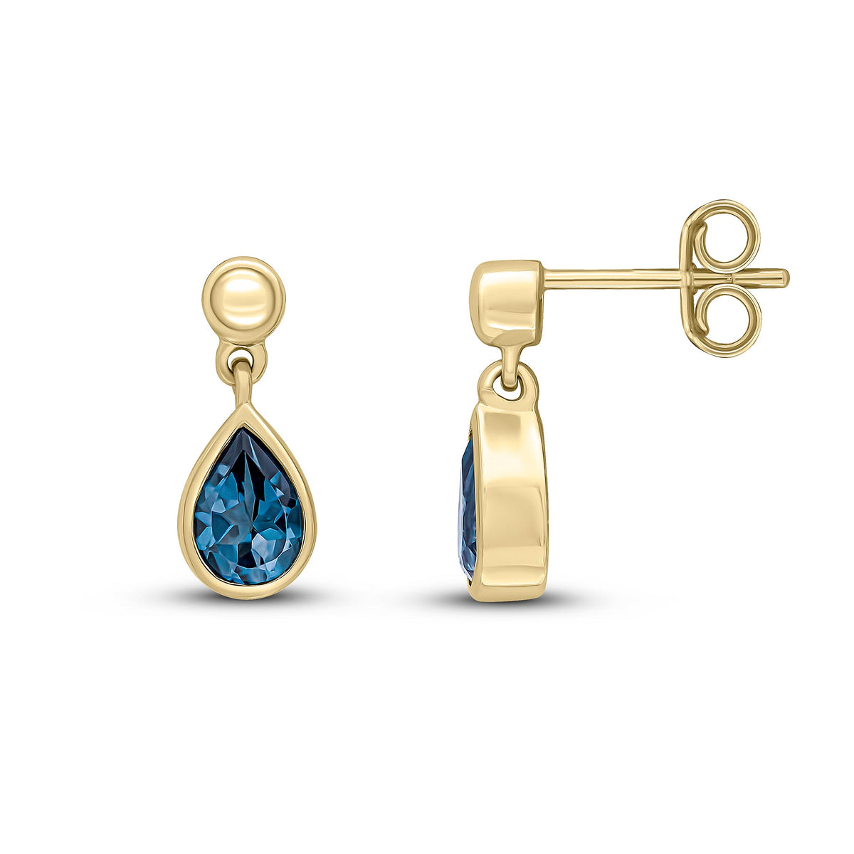 9ct Yellow Gold Pear Shaped Natural London Blue Topaz Rubover Drop Earrings with Bead Top — 6x4mm