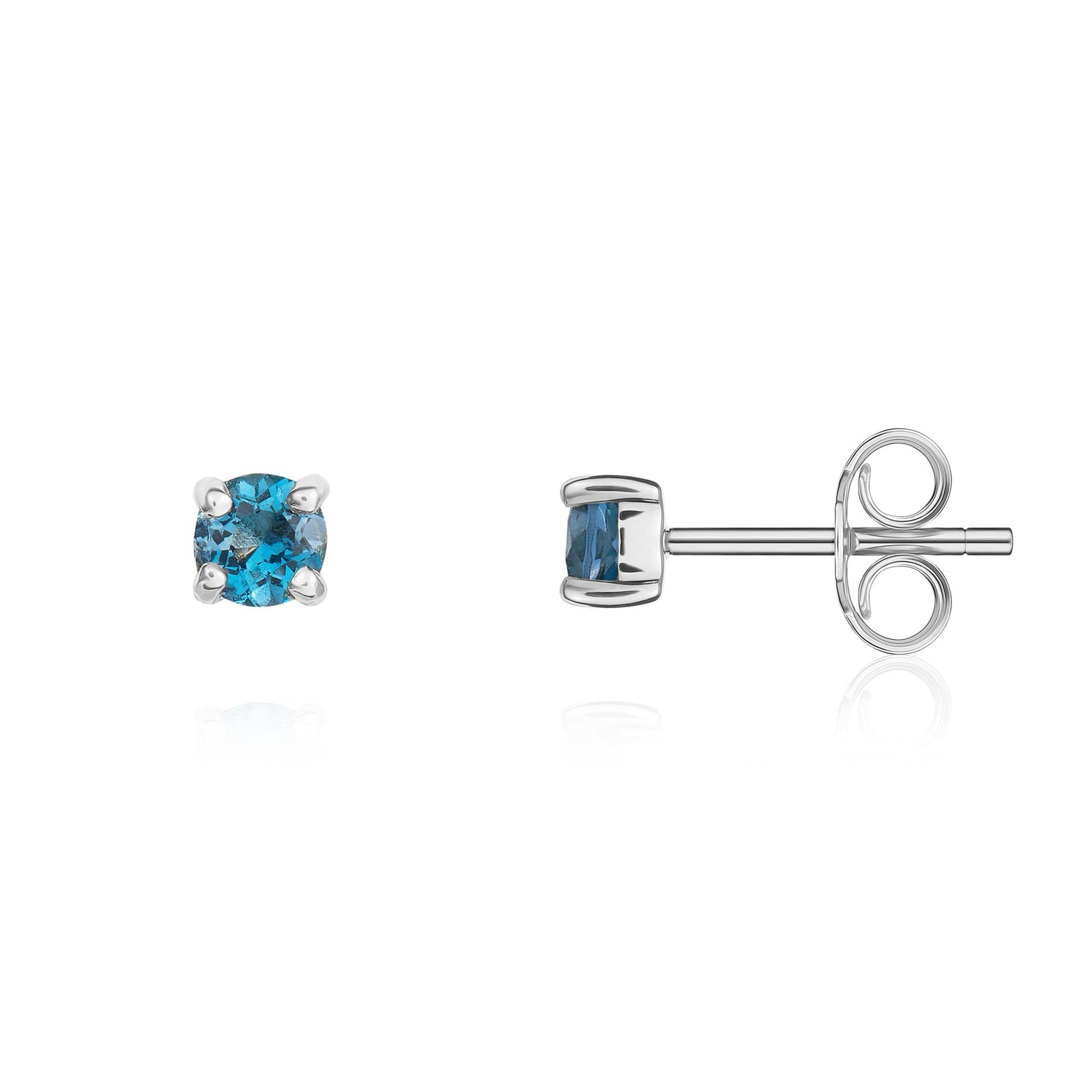 9ct White Gold Round Natural London Blue Topaz Claw Set Stud Earrings — 3mm