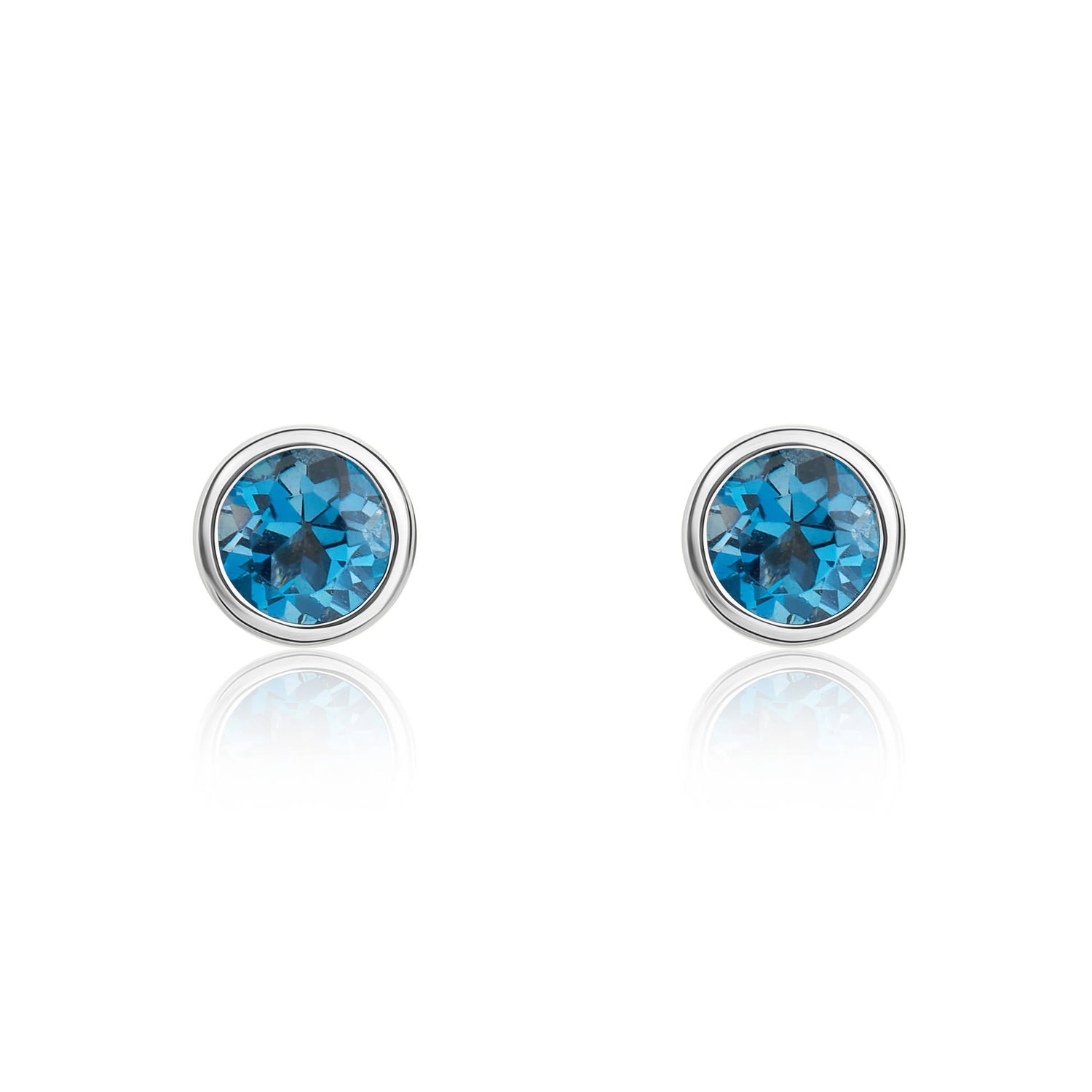 9ct White Gold Round Natural London Blue Topaz Rubover Stud Earrings — 3mm