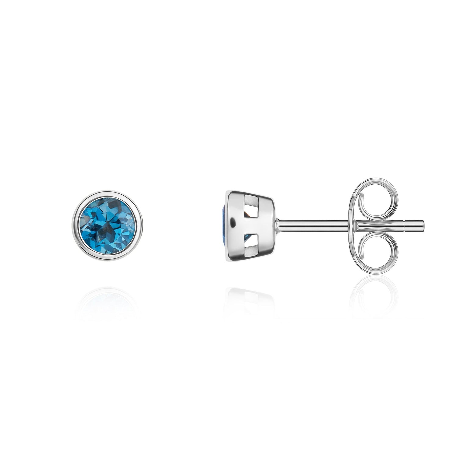 9ct White Gold Round Natural London Blue Topaz Rubover Stud Earrings — 3mm