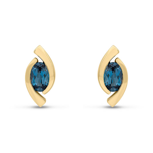 9ct Yellow Gold Oval Natural London Blue Topaz 'Eye' Stud Earrings 6x4mm