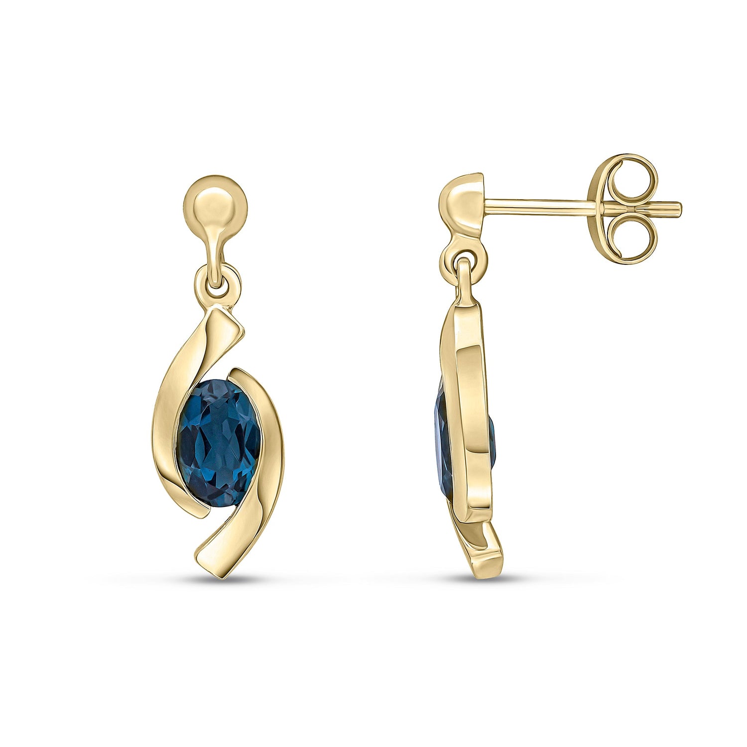 9ct Yellow Gold Oval Natural London Blue Topaz 'Eye' Drop Earrings — 6x4mm