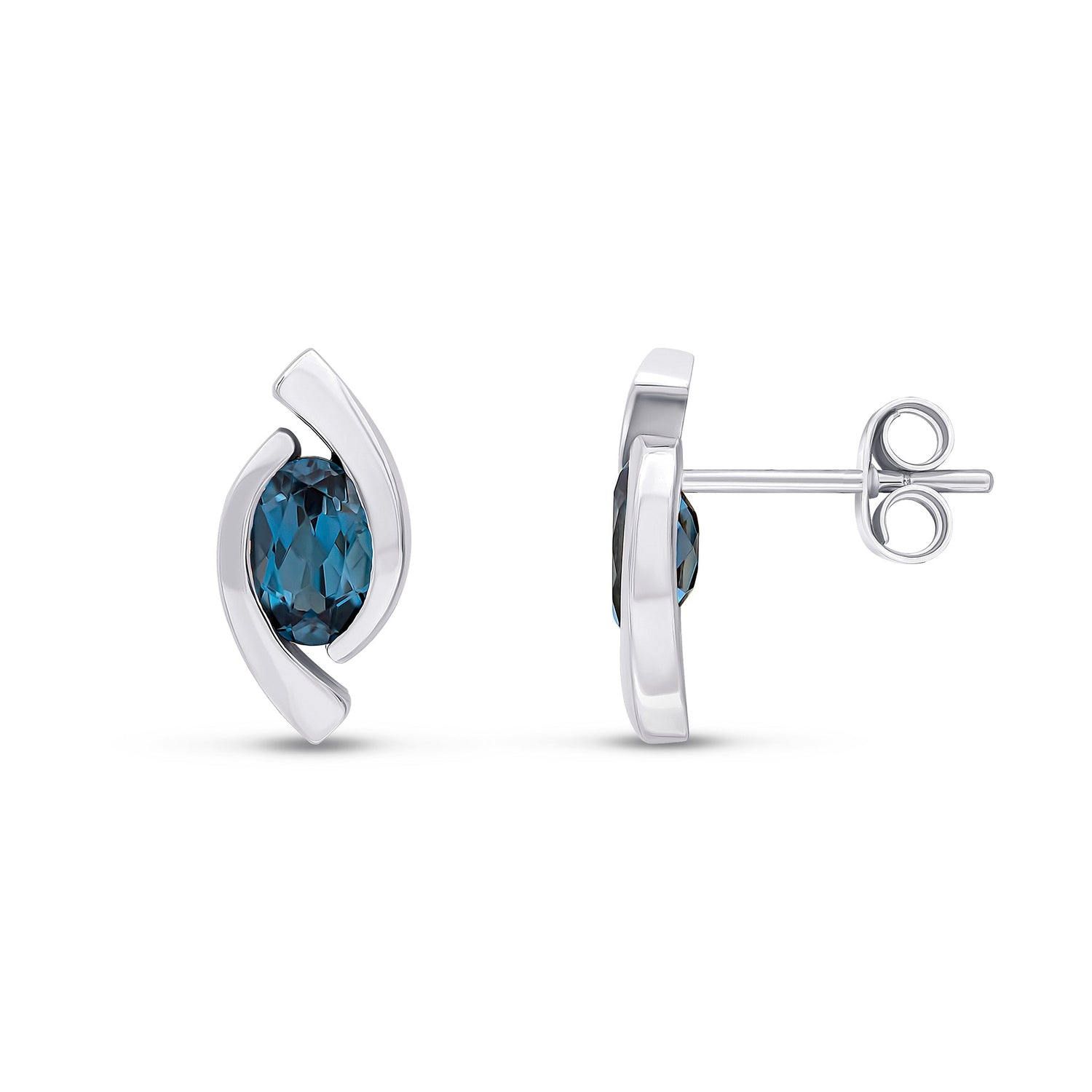 9ct White Gold Oval Natural London Blue Topaz 'Eye' Stud Earrings — 6x4mm