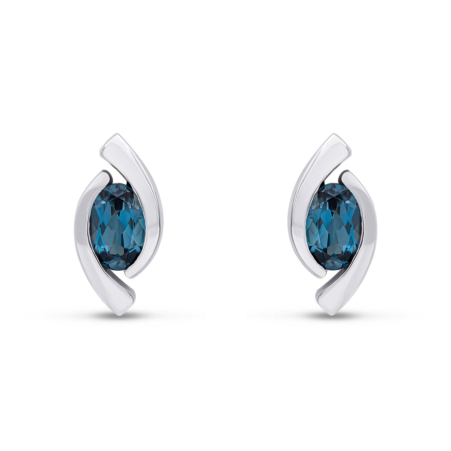 9ct White Gold Oval Natural London Blue Topaz 'Eye' Stud Earrings — 6x4mm