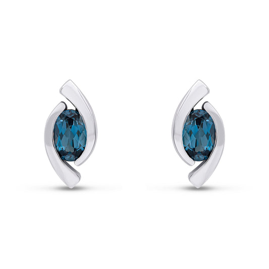 9ct White Gold Oval Natural London Blue Topaz 'Eye' Stud Earrings — 6x4mm