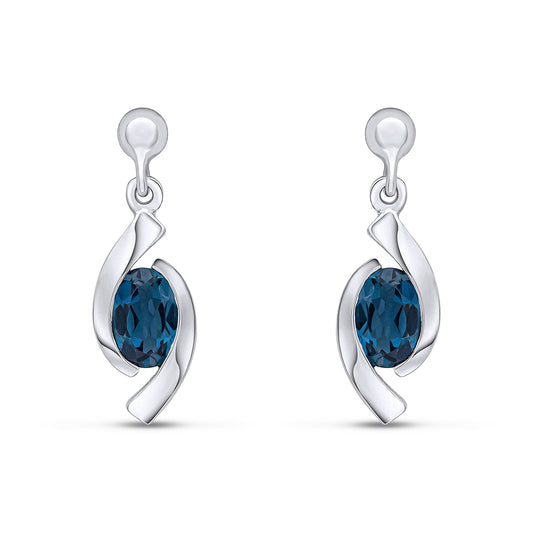 9ct White Gold Oval Natural London Blue Topaz 'Eye' Drop Earrings