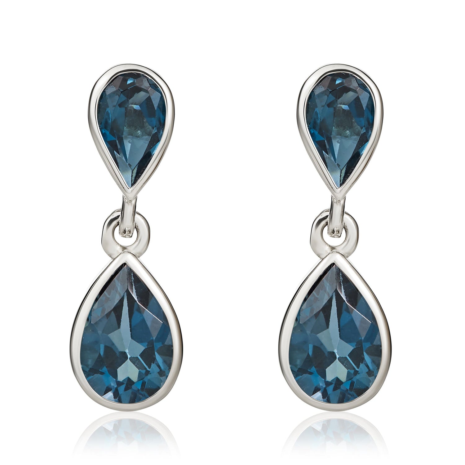 9ct White Gold Pear Shaped Natural London Blue Topaz Two Stone Rubover Drop Earrings