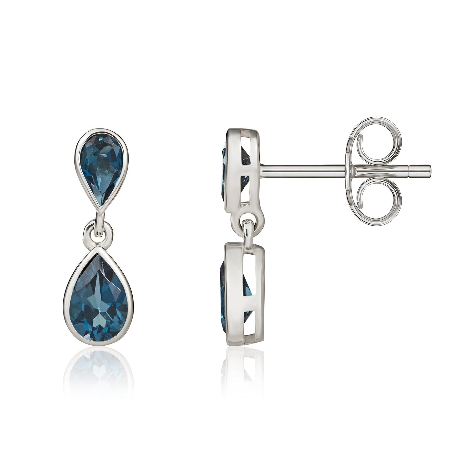 9ct White Gold Pear Shaped Natural London Blue Topaz Two Stone Rubover Drop Earrings