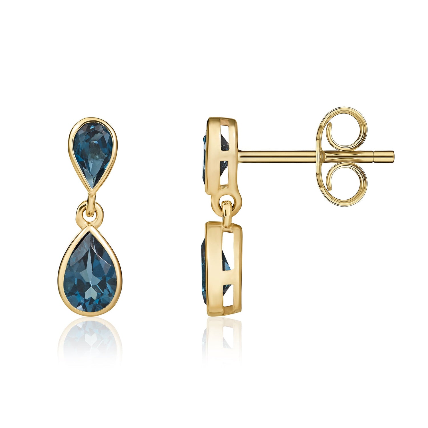 9ct Yellow Gold Pear Shaped Natural London Blue Topaz Two Stone Rubover Drop Earrings