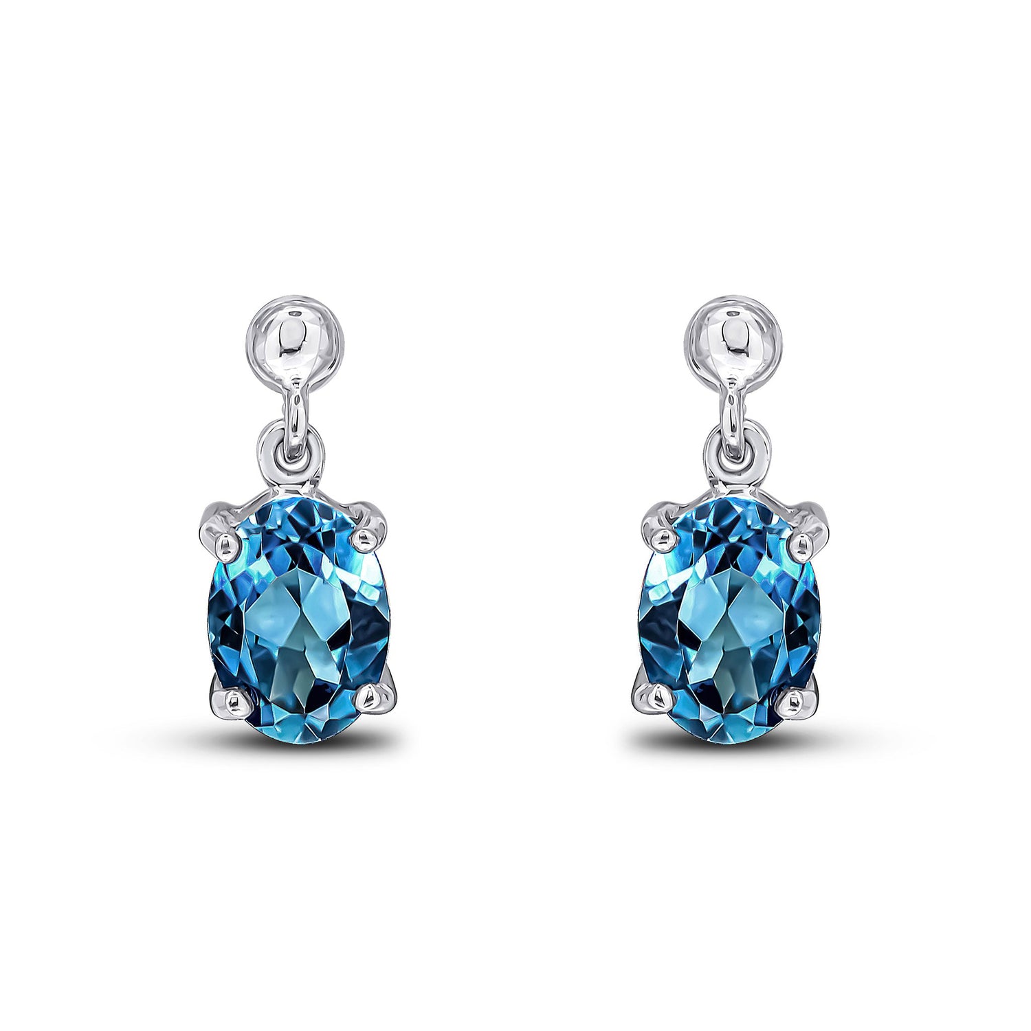 9ct White Gold Oval Natural London Blue Topaz Claw Drop Earrings — 7x5mm
