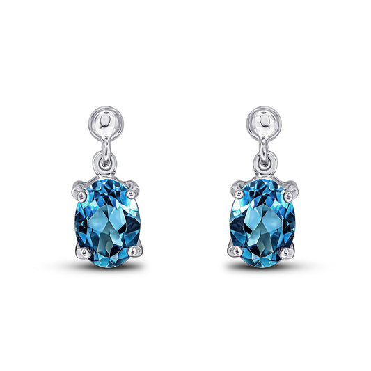 9ct White Gold Oval Natural London Blue Topaz Claw Drop Earrings — 7x5mm