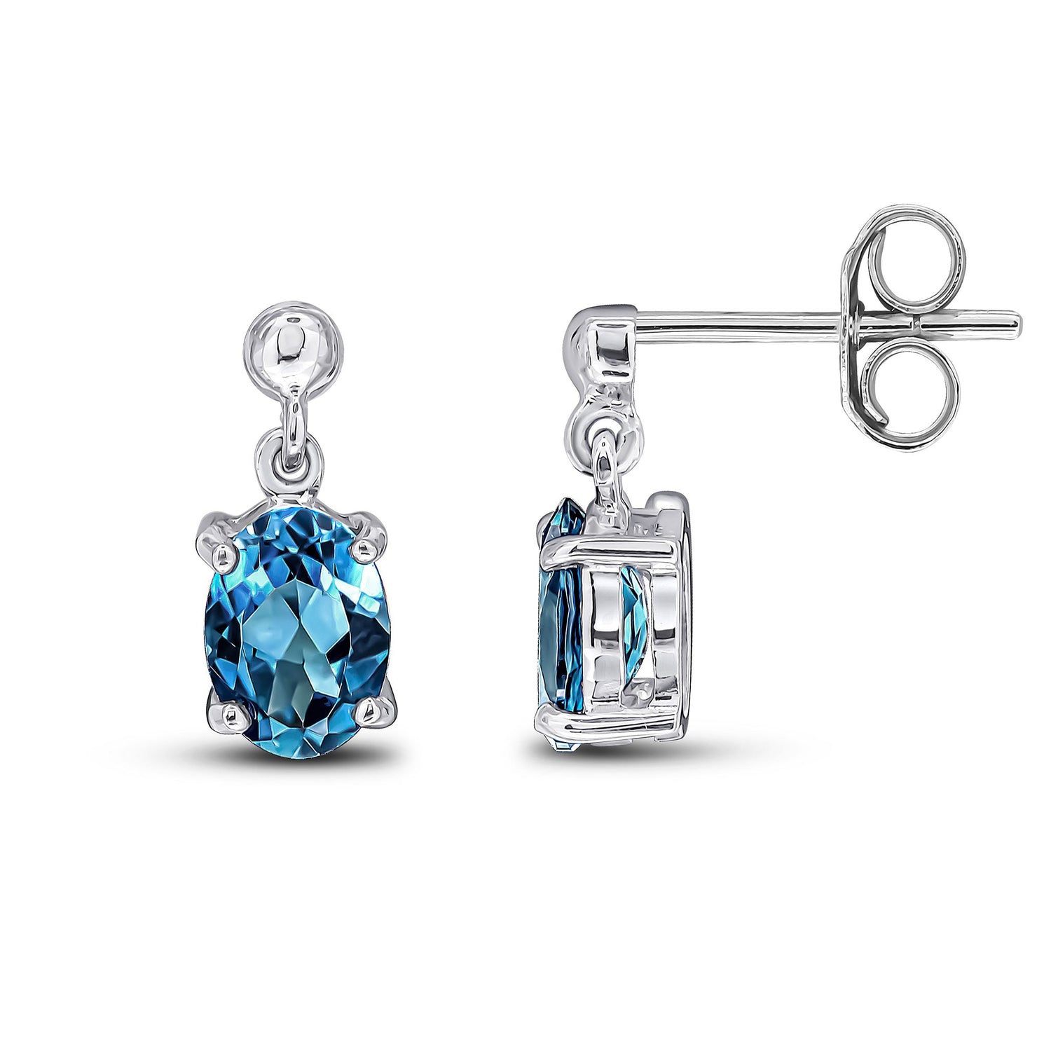 9ct White Gold Oval Natural London Blue Topaz Claw Drop Earrings — 7x5mm