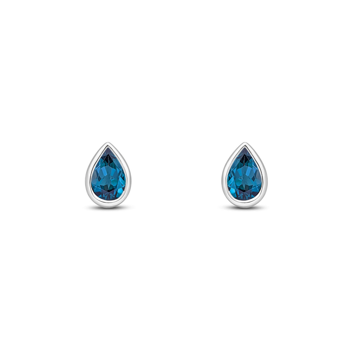 9ct White Gold Pear Shaped Natural London Blue Topaz Rubover Stud Earrings — 6x4mm